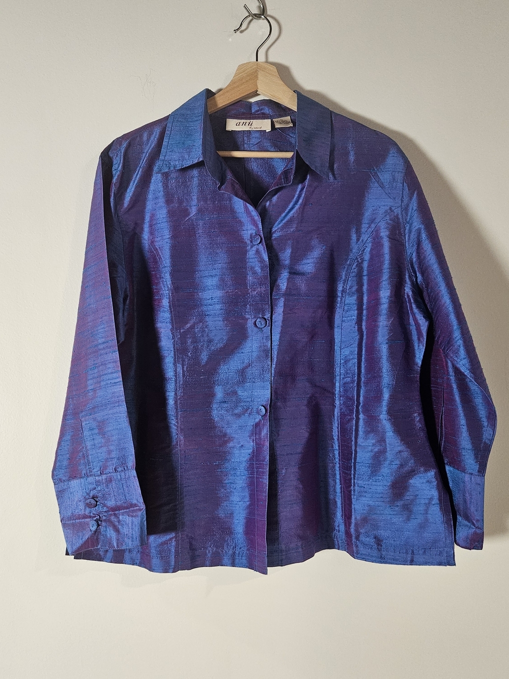 ANU by Natural 100% Raw Silk Blue Purple Iridescent Button-Up Blouse XL